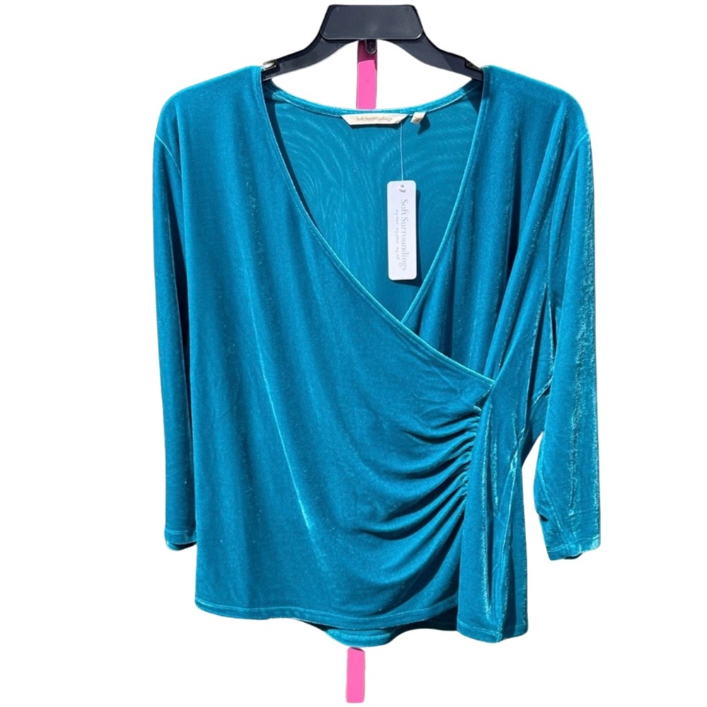 NWT Soft Surroundings Teal Velour Velvet Gathered Wrap Top – Size 2X